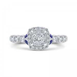 Round Diamond Halo Engagement Ring with Sapphire in 14K White Gold