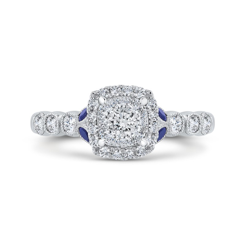 Round Diamond Halo Engagement Ring with Sapphire in 14K White Gold