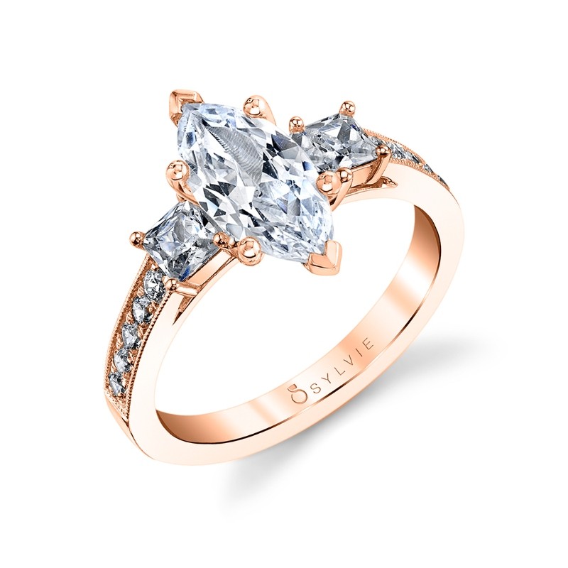 Marquise Cut Three Stone Engagement Ring With Princess Side Stones - Eva