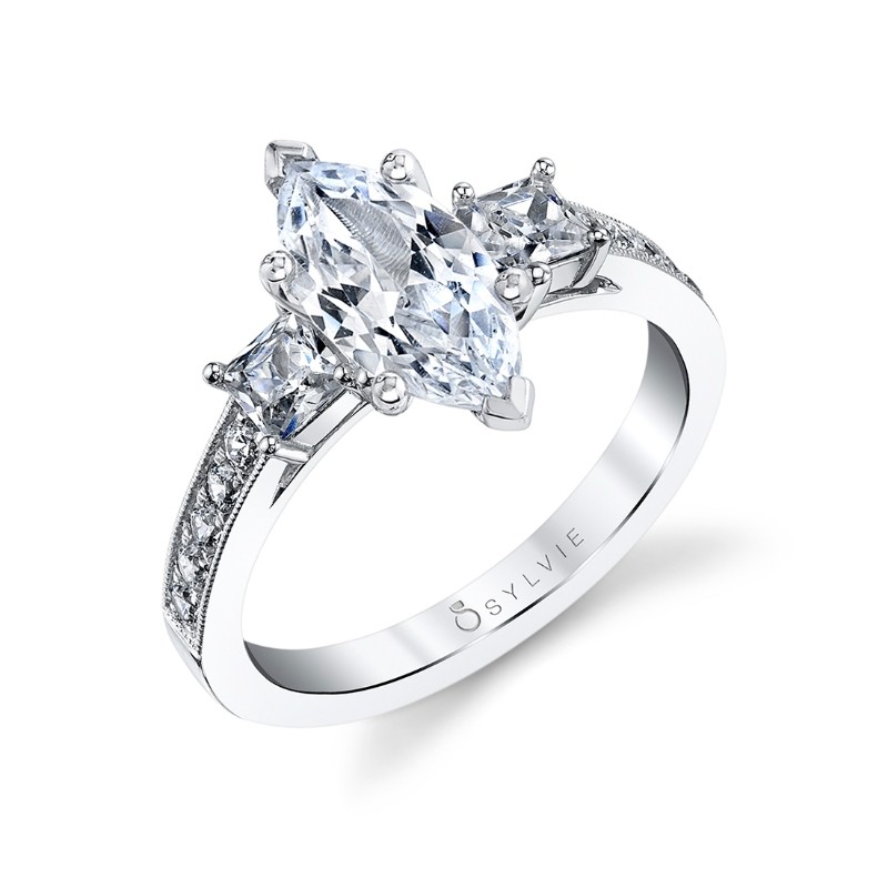 Marquise Cut Three Stone Engagement Ring With Princess Side Stones - Eva