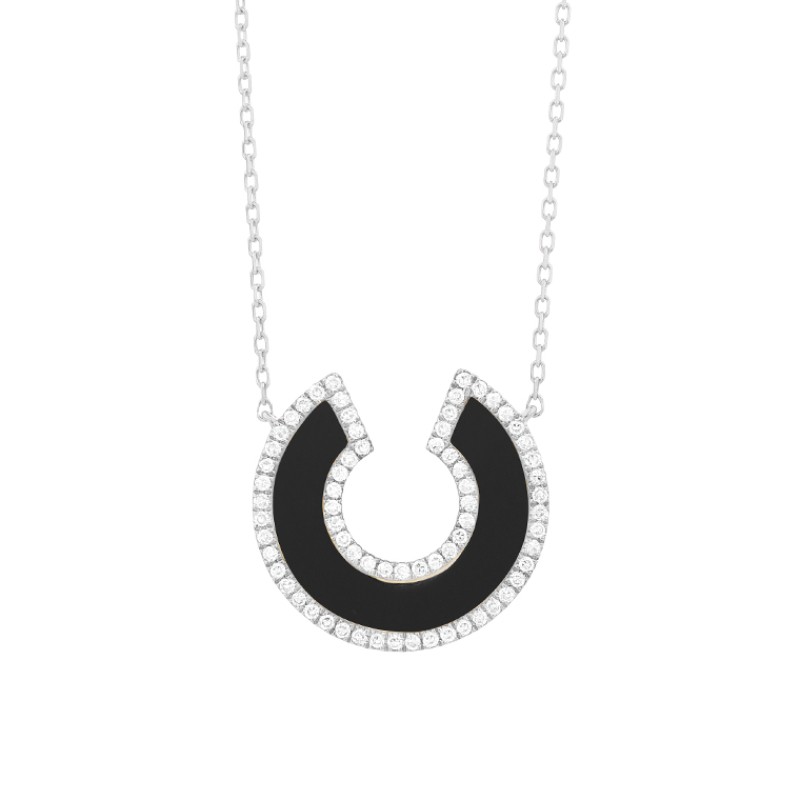 14K WHITE GOLD HORSESHOE SHAPE ONYX PENDANT WITH .20CTTW ROUND SI CLARITY & GH COLOR DIMONDS ON  17/18