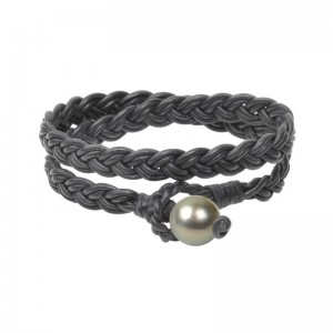 VINCENT PEACH "LAGOS" FLAT BRAID DOUBLE WRAP PREMUIM LEATHER BRACELET WITH A TAHITIAN PEARL