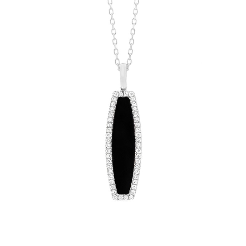 14K WHITE GOLD ELONGATED ONYX PENDANT WITH .12CTTW ROUND SI CLARITY & GH COLOR DIAMONDS SET ON THE EDGE ON A 17/18