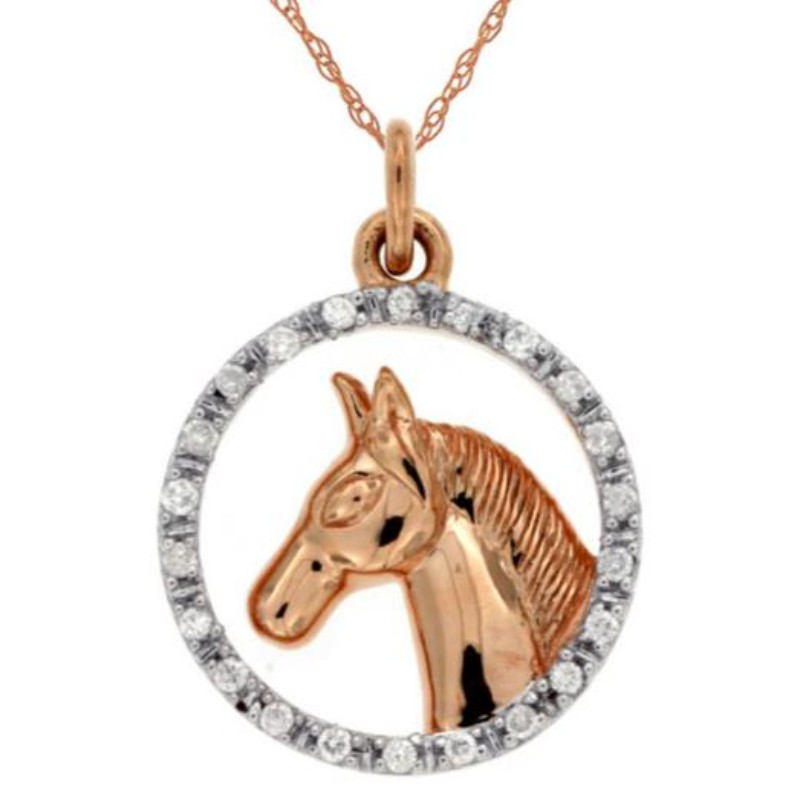 14K ROSE GOLD HORSE HEAD PENDANT WITH .07CTTW ROUND I1 CLARITY & HI COLOR DIAMOND HALO ON AN 18