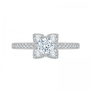 Round Diamond Floral Engagement Ring in 14K White Gold