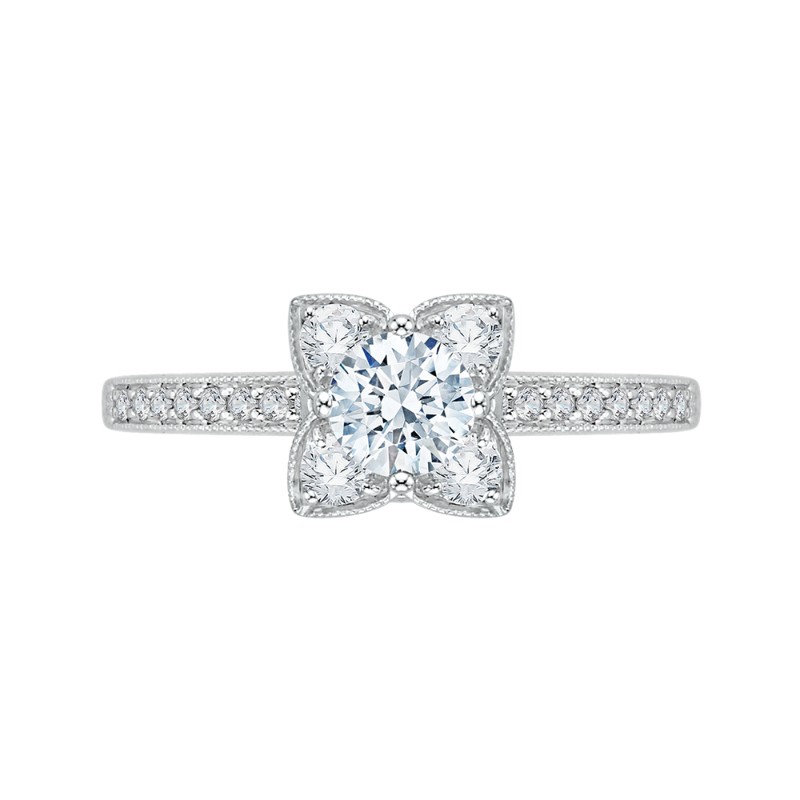 Round Diamond Floral Engagement Ring in 14K White Gold