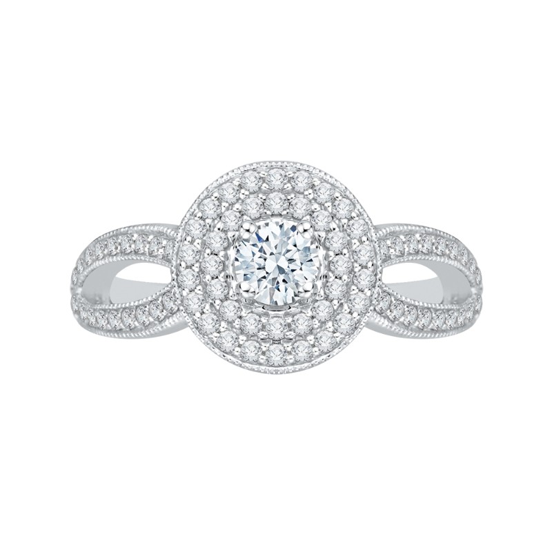 Round Diamond Double Halo Engagement Ring with Split Shank In 14K White Gold