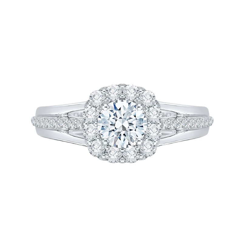 Split Shank Diamond Halo Engagement Ring Set in 14K White Gold