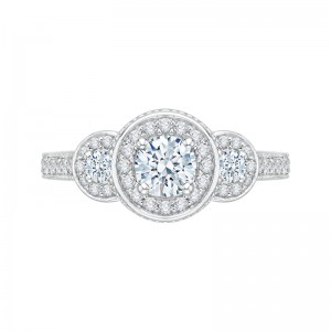 Diamond Three-Stone Halo Engagement Ring in 14K White Gold