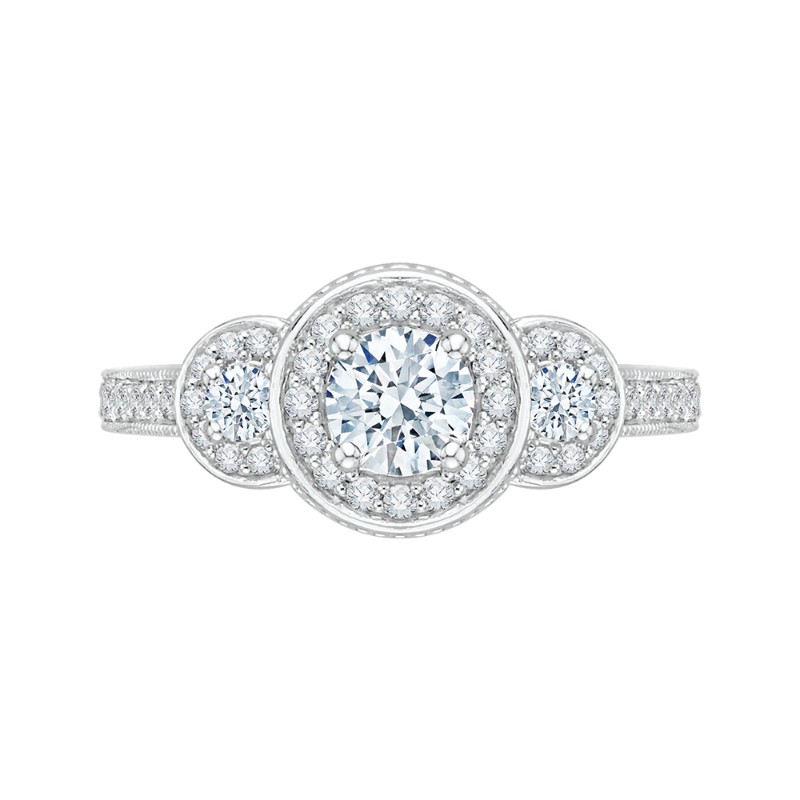 Diamond Three-Stone Halo Engagement Ring in 14K White Gold