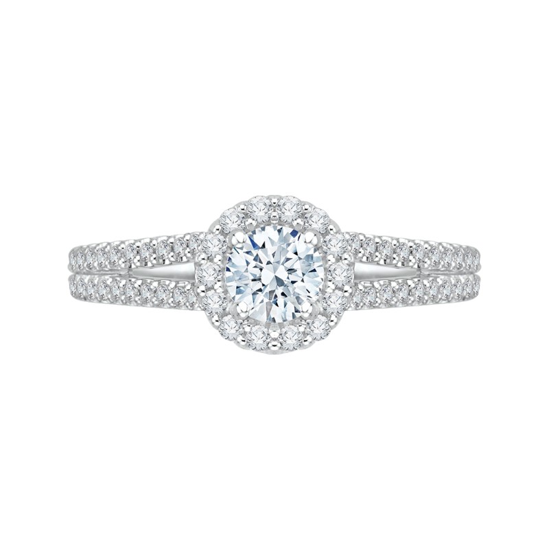 Split Shank Round Diamond Halo Engagement Ring In 14K White Gold
