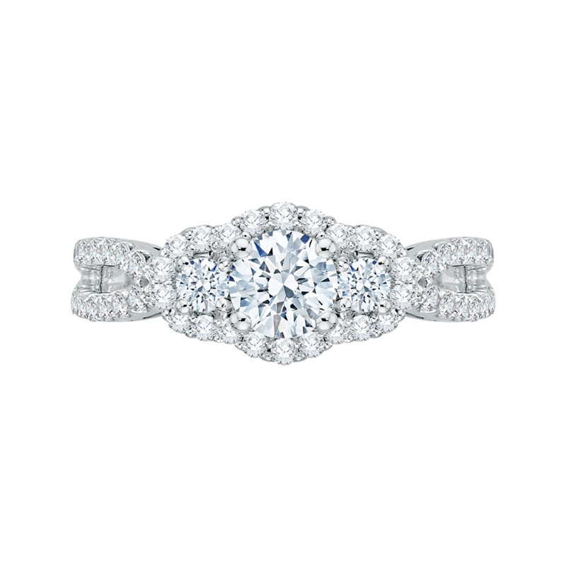 Diamond Three-Stone Halo Engagement Ring in 14K White Gold