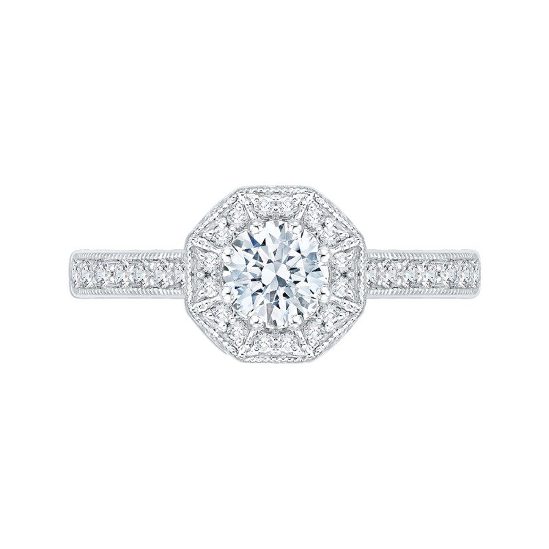 Round Diamond Octagon Shape Halo Engagement Ring in 14K White Gold