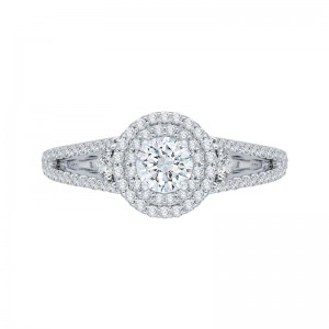 Split Shank Round Diamond Double Halo Engagement Ring in 14K White Gold