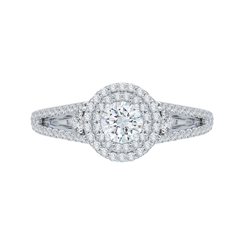 Split Shank Round Diamond Double Halo Engagement Ring in 14K White Gold