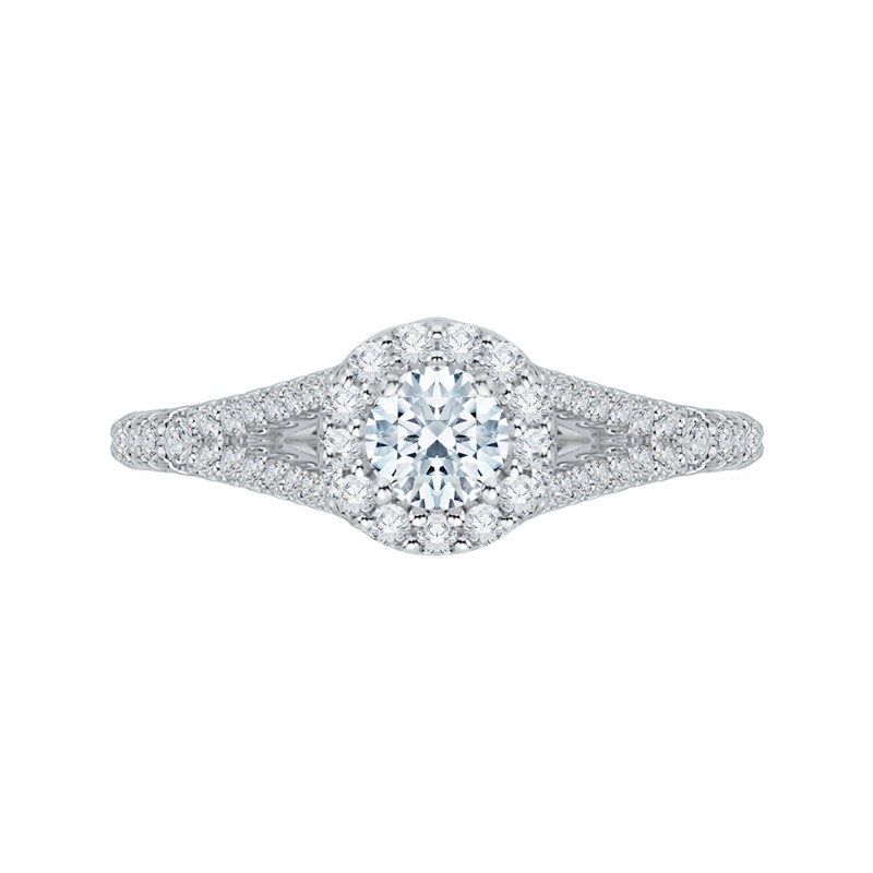 Split Shank Round Diamond Halo Engagement Ring in 14K White Gold