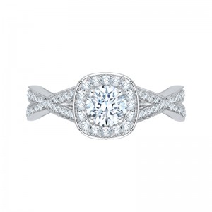 Split Shank Round Diamond Halo Engagement Ring in 14K White Gold