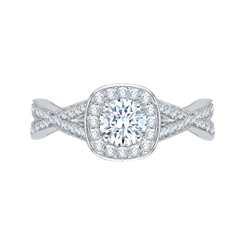 Split Shank Round Diamond Halo Engagement Ring in 14K White Gold