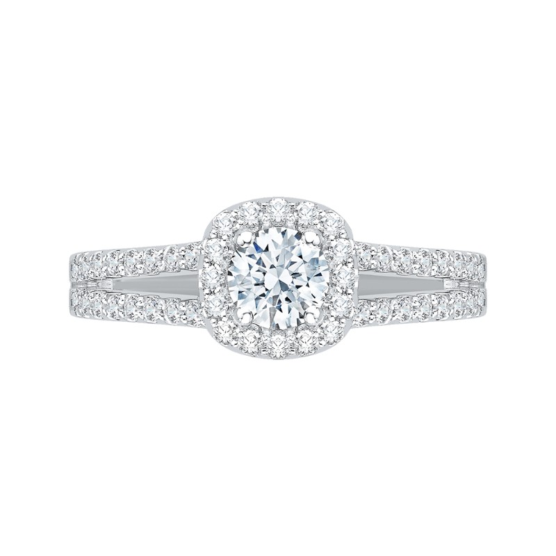 Split Shank Round Diamond Halo Engagement Ring in 14K White Gold