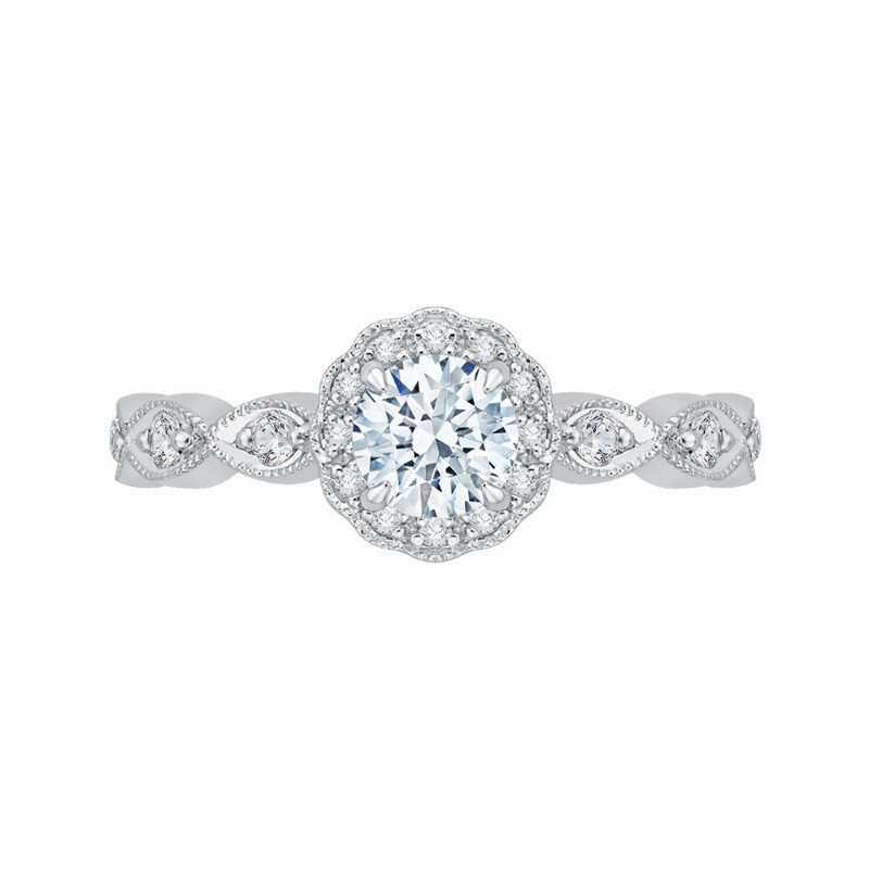 Round Diamond Floral Halo Engagement Ring in 14K White Gold