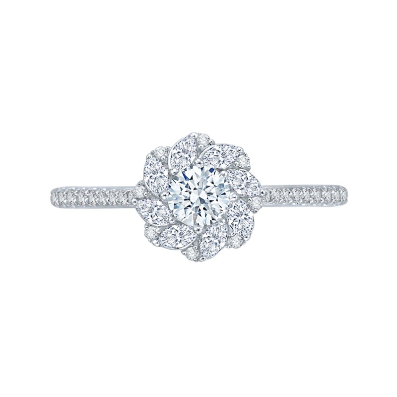 Diamond Floral Halo Engagement Ring in 14K White Gold
