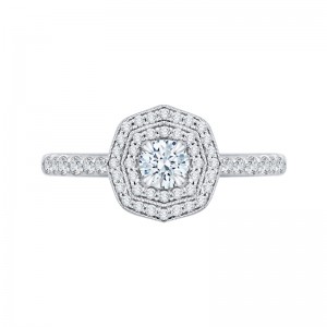 Diamond Octagon Shape Double Halo Engagement Ring in 14K White Gold