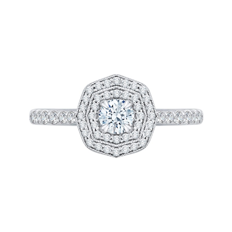 Diamond Octagon Shape Double Halo Engagement Ring in 14K White Gold