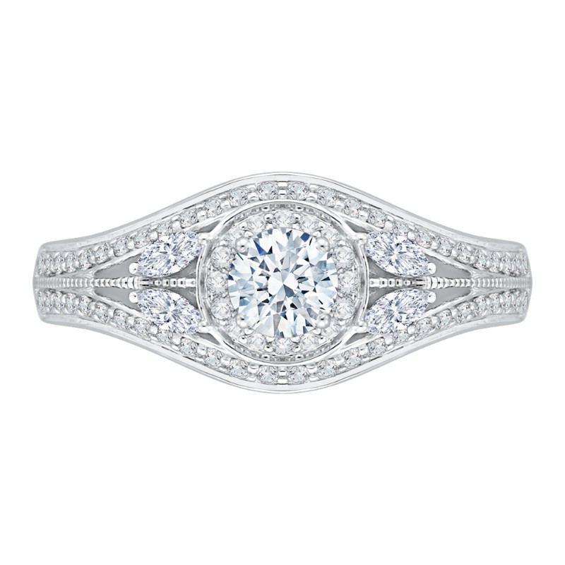 Split Shank Round Diamond Halo Engagement Ring in 14K White Gold