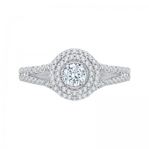 Round Diamond Double Halo Engagement Ring with Spit Shank in 14K White Gold