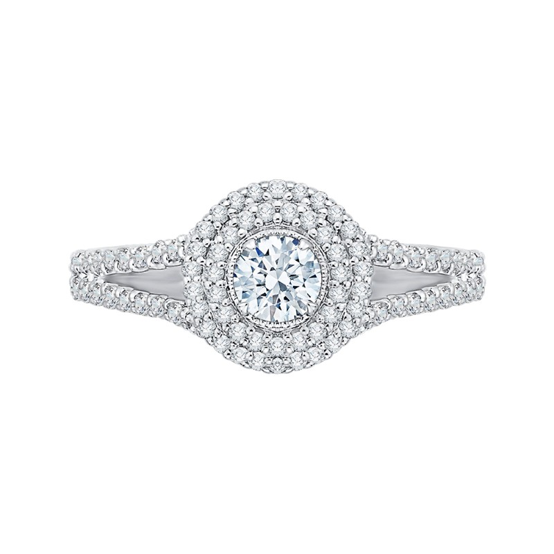 Round Diamond Double Halo Engagement Ring with Spit Shank in 14K White Gold