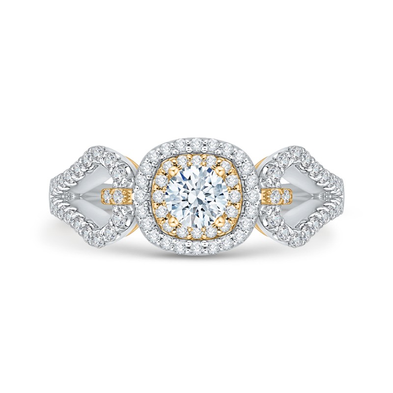 Split Shank Round Diamond Double Halo Engagement Ring in 14K Two Tone Gold