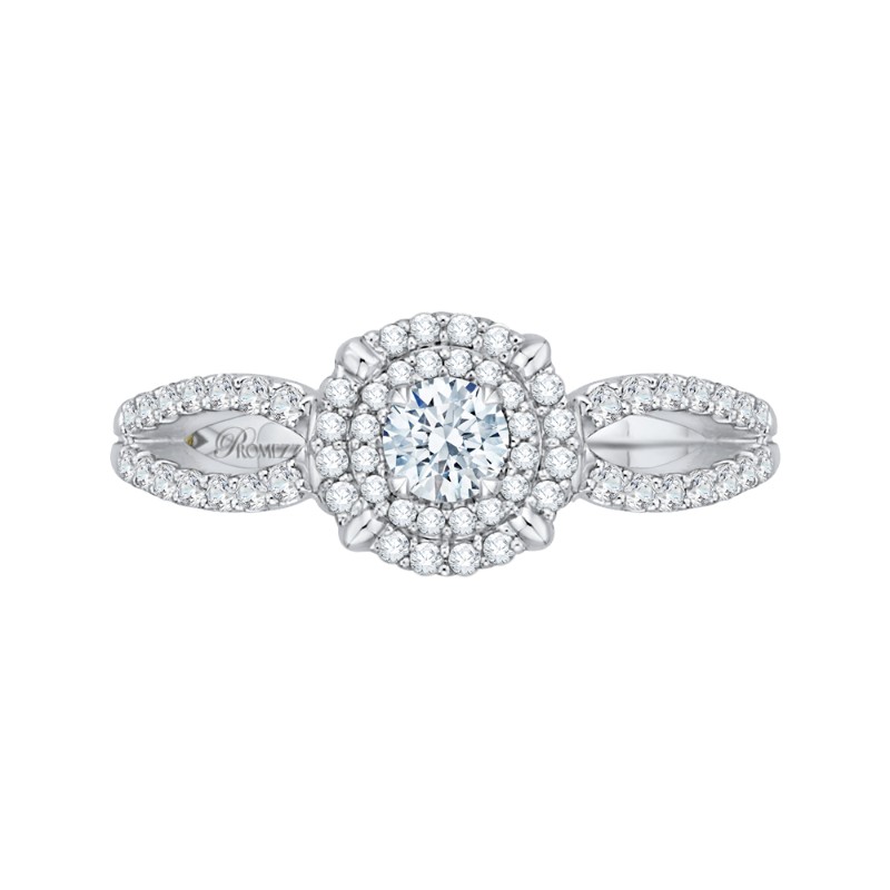 Split Shank Round Diamond Double Halo Engagement Ring in 14K White Gold