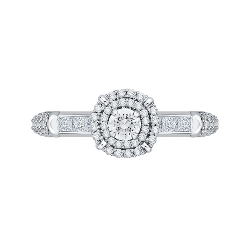 Round and Princess Cut Diamond Double Halo Engagement Ring in 14K White Gold