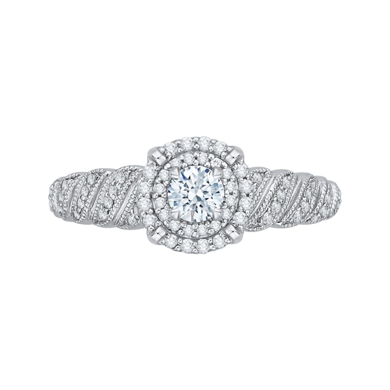 Round Diamond Double Halo Floral Engagement Ring in 14K White Gold