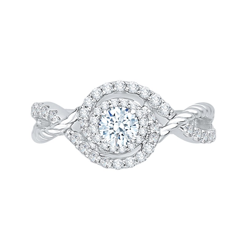 Round Diamond Criss-Cross Halo Engagement Ring in 14K White Gold