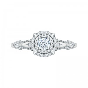 Round Diamond Double Halo Vintage Engagement Ring in 14K White Gold