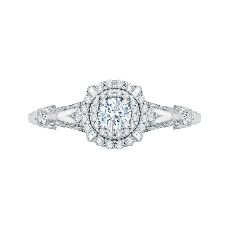 Round Diamond Double Halo Vintage Engagement Ring in 14K White Gold