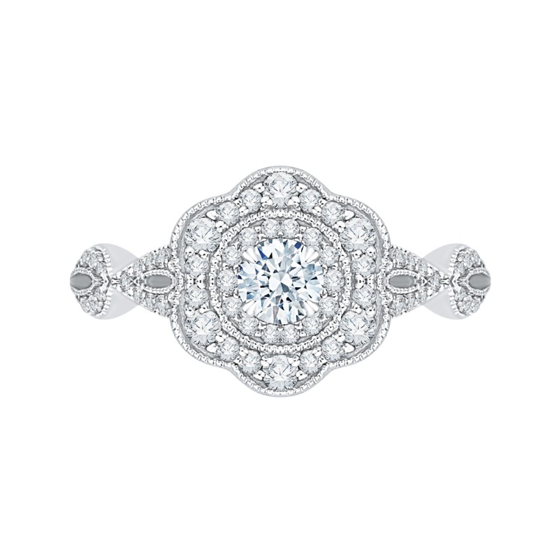Round Diamond Floral Halo Engagement Ring in 14K White Gold
