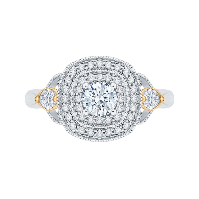 Round Diamond Double Halo Engagement Ring in 14K Two Tone Gold