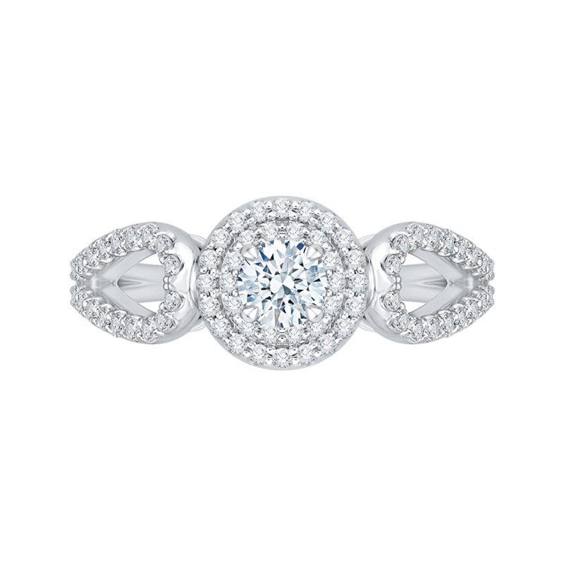 Split Shank Round Diamond Double Halo Engagement Ring in 14K White Gold