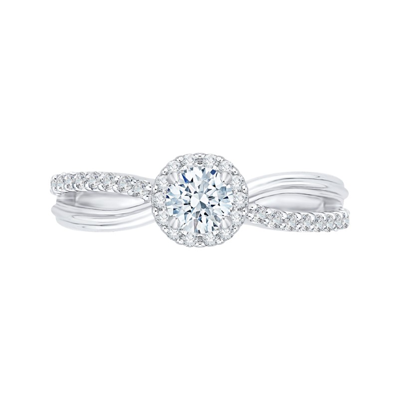 Split Shank Round Diamond Halo Engagement Ring in 14K White Gold