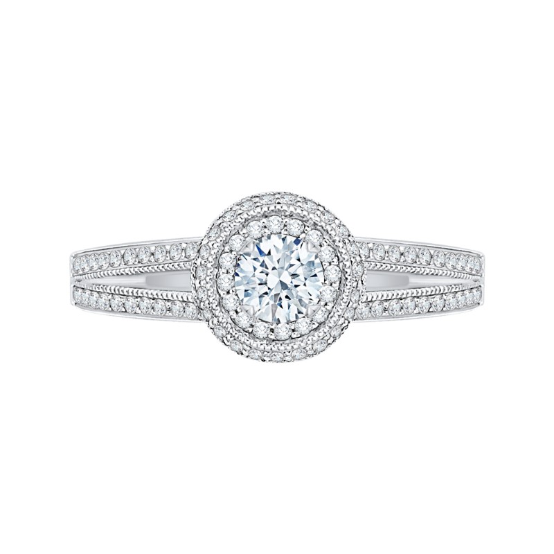 Split Shank Round Diamond Double Halo Engagement Ring in 14K White Gold