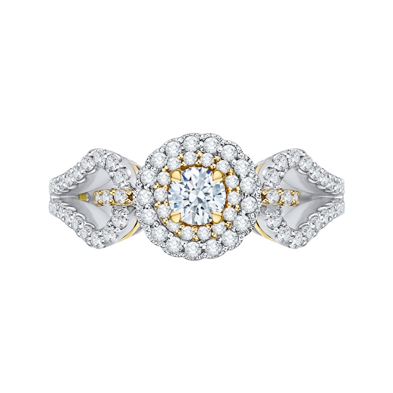 Round Diamond Double Halo Engagement Ring in 14K Two Tone Gold