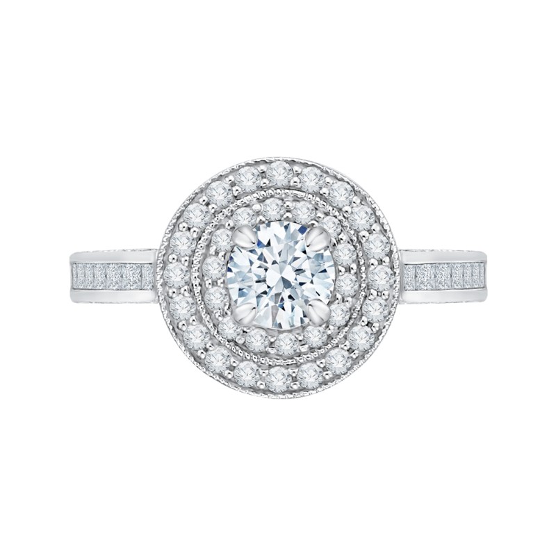Round and Princess Cut Diamond Double Halo Engagement Ring in 14K White Gold