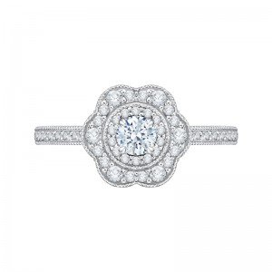 Round Diamond Floral Halo Engagement Ring in 14K White Gold