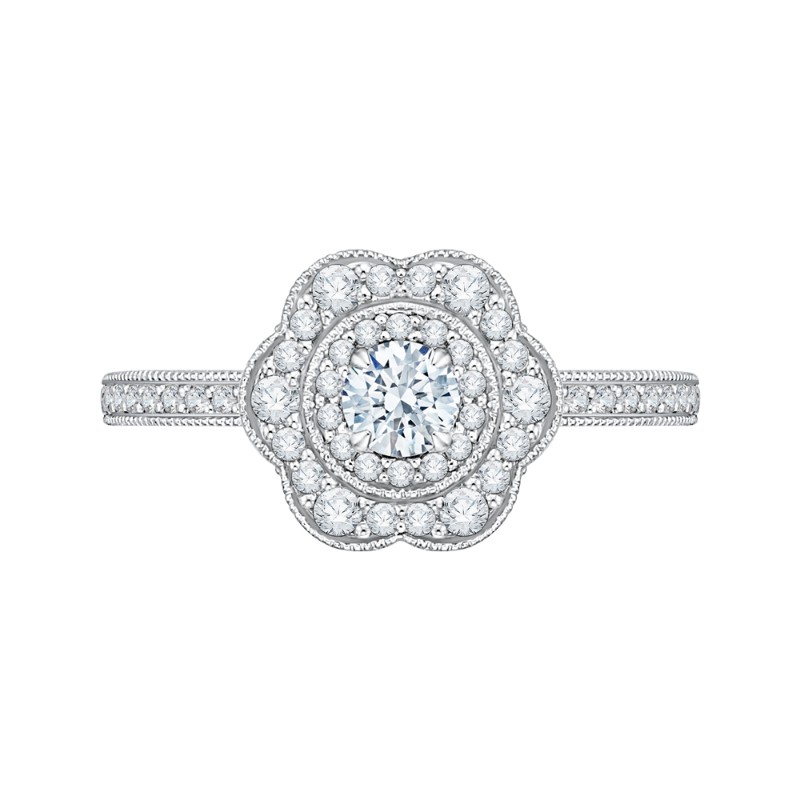 Round Diamond Floral Halo Engagement Ring in 14K White Gold