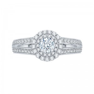 Split Shank Round Diamond Double Halo Engagement Ring in 14K White Gold