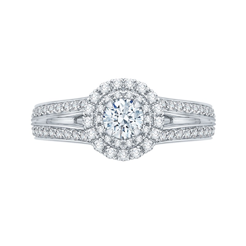 Split Shank Round Diamond Double Halo Engagement Ring in 14K White Gold