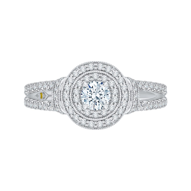 Split Shank Round Diamond Double Halo Engagement Ring in 14K White Gold