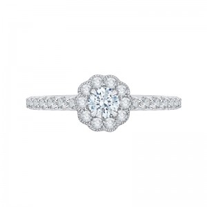 Round Halo Diamond Floral Engagement Ring in 14K White Gold